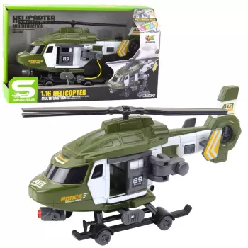 LEAN TOYS Militārais helikopters ar āķi un nestuvēm, gaismas un skaņas, haki, mērogs 1:16