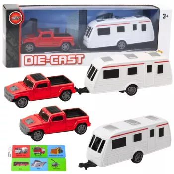 LEAN TOYS Metāla automašīnas komplekts ar kempera piekabi sarkanā krāsā