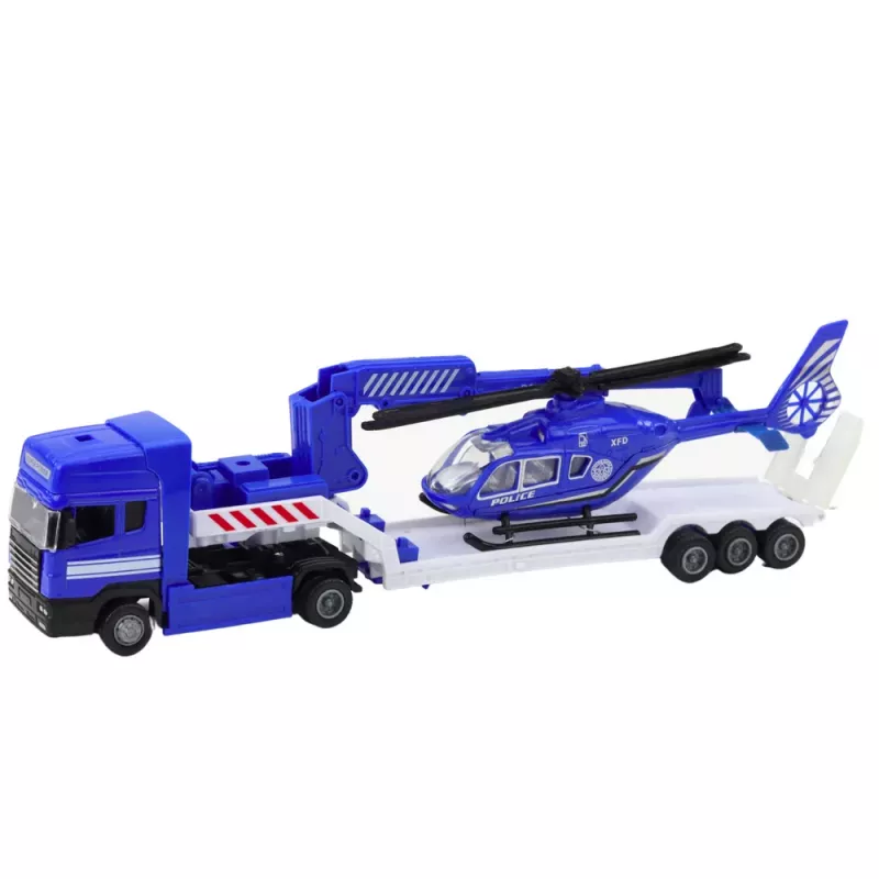 LEAN TOYS Policijas glābšanas komplekts ar automašīnu, laivu, kravas automašīnu un helikopteru zilā krāsā