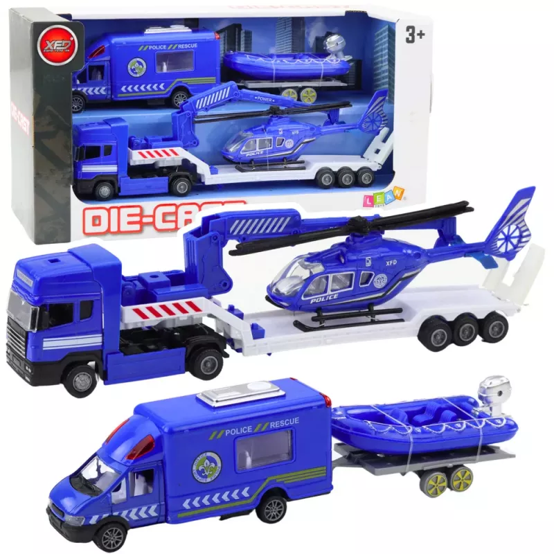 LEAN TOYS Policijas glābšanas komplekts ar automašīnu, laivu, kravas automašīnu un helikopteru zilā krāsā