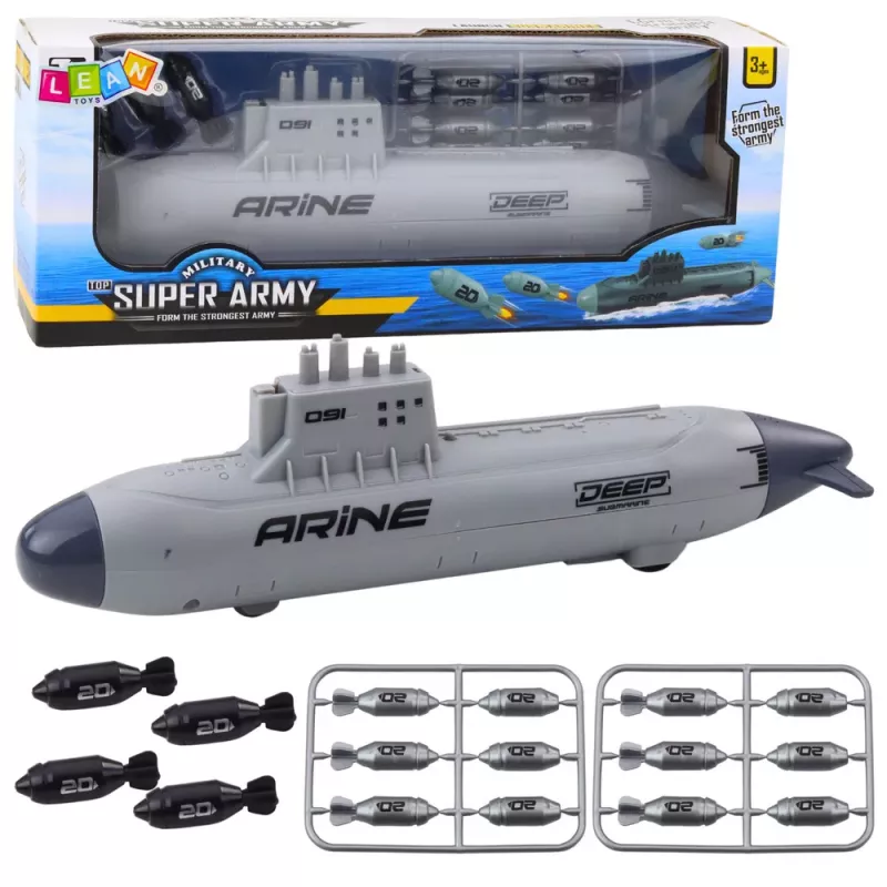 LEAN TOYS Kuģa zemūdene ar torpēdu šaušanu, pelēka, 28 cm