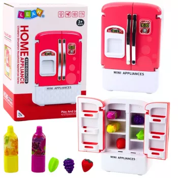 LEAN TOYS Rotaļlietu ledusskapis bērniem ar augļiem, sulām, gaismām un skaņām, rozā