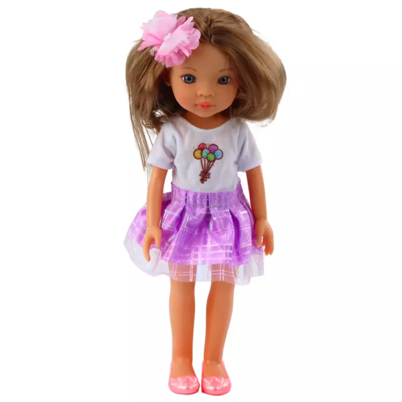 LEAN TOYS Leļļu meitene purpura kleitā ar garu brūnu matu ziedu sprādzi