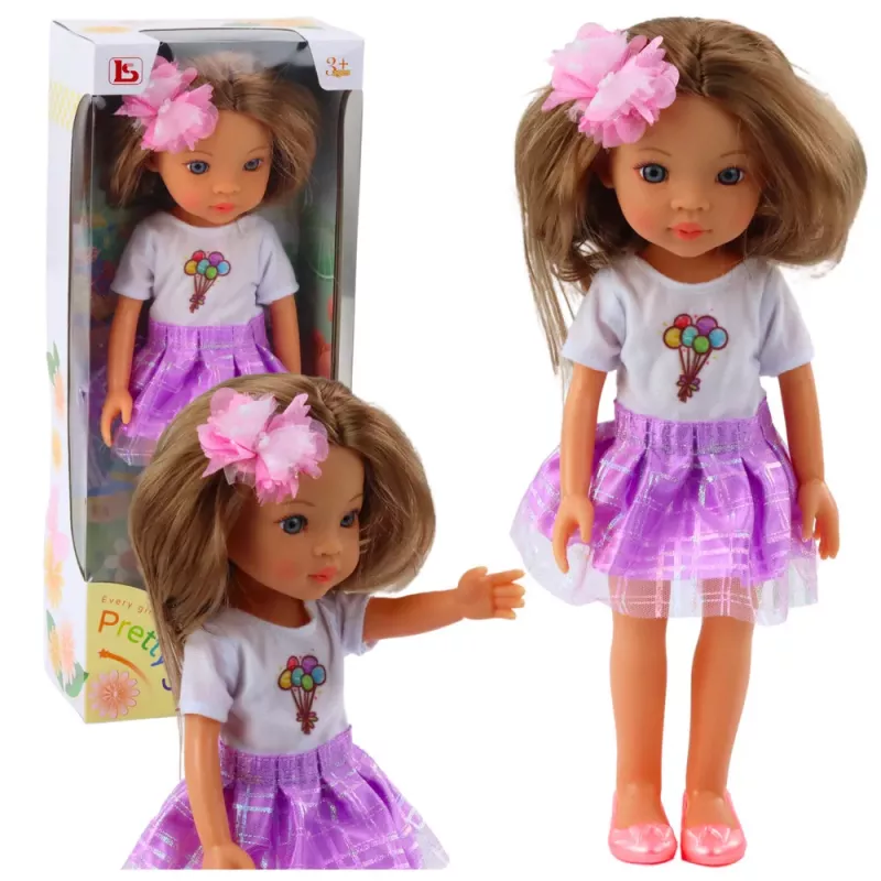 LEAN TOYS Leļļu meitene purpura kleitā ar garu brūnu matu ziedu sprādzi