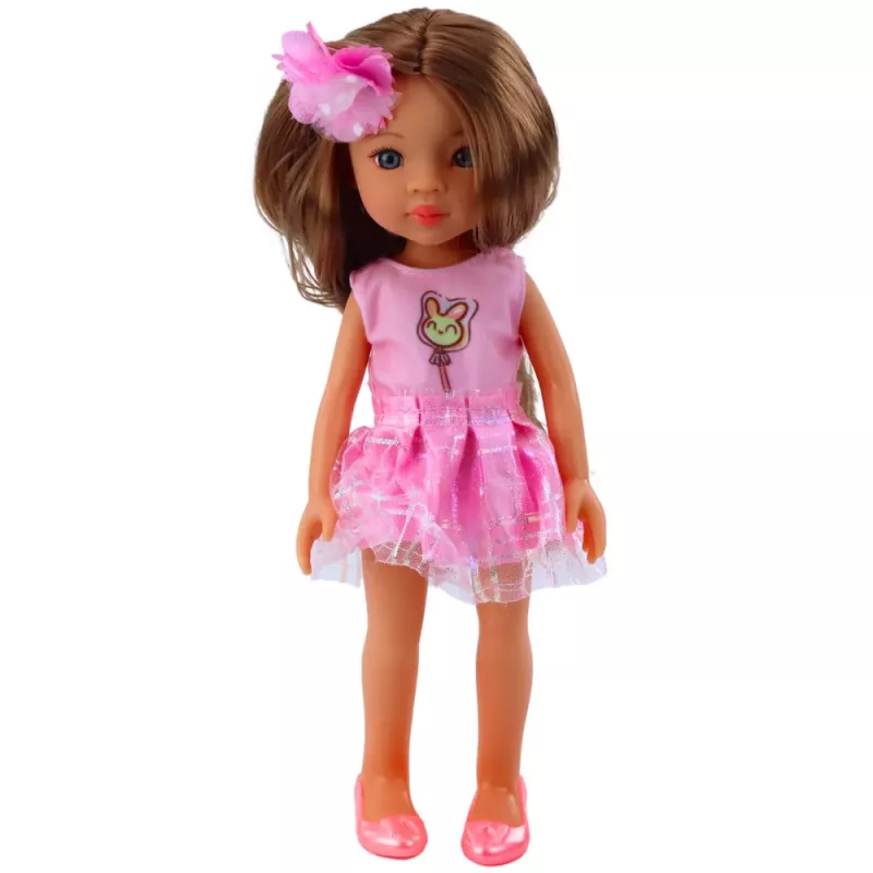 LEAN TOYS Leļļu meitene rozā kleitā ar gariem brūniem matiem un ziedu matadatu