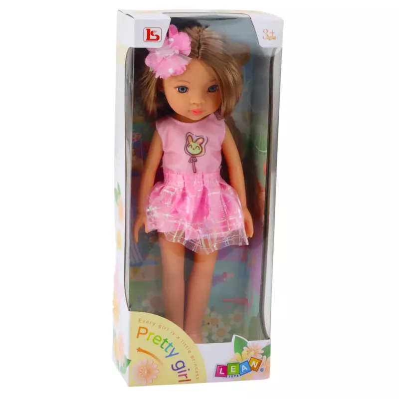LEAN TOYS Leļļu meitene rozā kleitā ar gariem brūniem matiem un ziedu matadatu