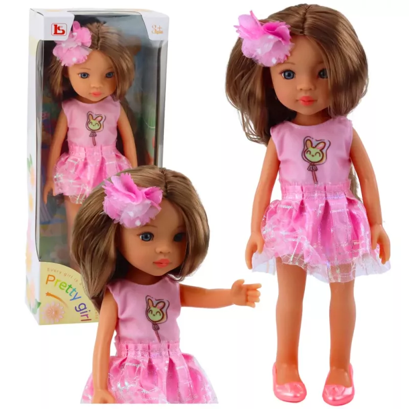 LEAN TOYS Leļļu meitene rozā kleitā ar gariem brūniem matiem un ziedu matadatu