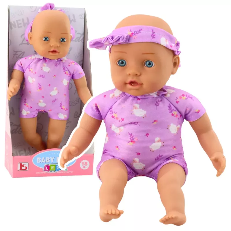 LEAN TOYS Bērnu lelle purpura bodijā ar mīkstu vēderiņu un bantītes galvas saiti 31 cm