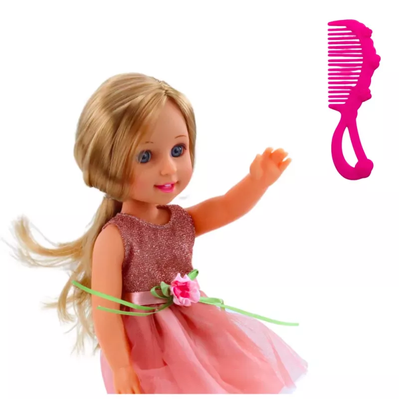 LEAN TOYS Doll in a Dress with a Bow, Long Hair, Pink, Comb, 38cm
