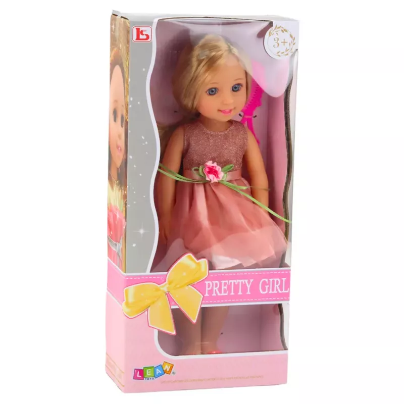 LEAN TOYS Doll in a Dress with a Bow, Long Hair, Pink, Comb, 38cm