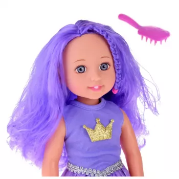 LEAN TOYS Leļļu kleitā ar kroni, garām matiem, violeta birste 38cm