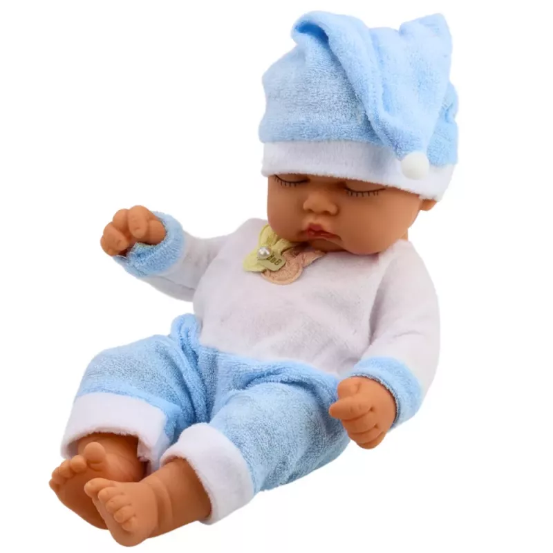 LEAN TOYS Sleeping Baby Doll in Blue Pajamas Hat with Pompom