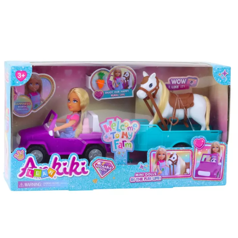 LEAN TOYS Ankiki Leļļu Komplekts ar Pārveidojamu Auto, Piekabi un Zirgu