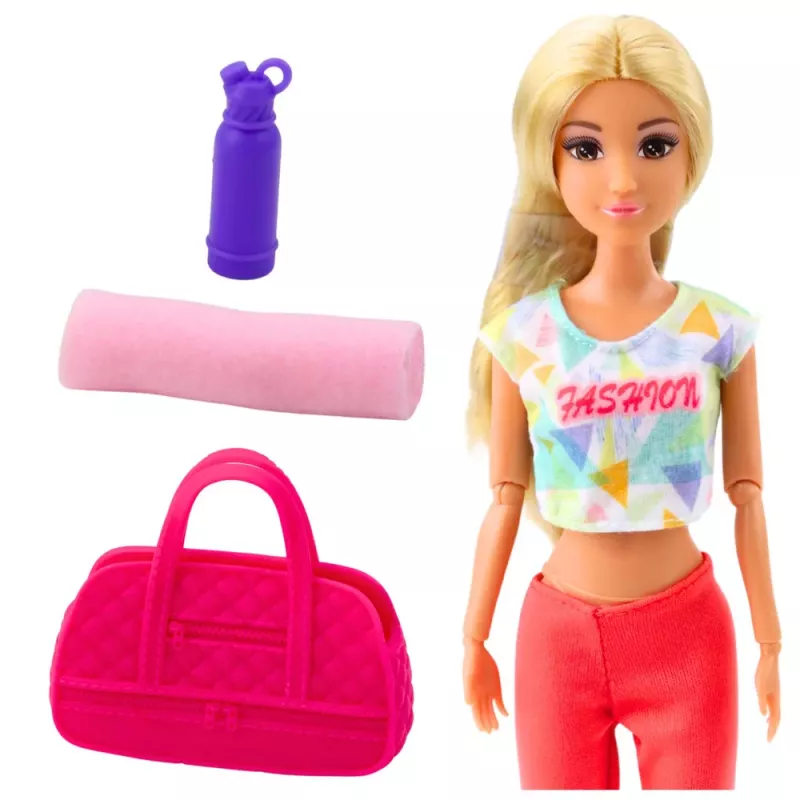 LEAN TOYS Anlily Jogas lelle ar vingrošanas paklājiņu, ūdens pudeli, sporta somu, kustīgām ekstremitātēm, 29 cm, blondiem matiem, zilām acīm, sportiskā tērpā, bērniem no 3 gadiem