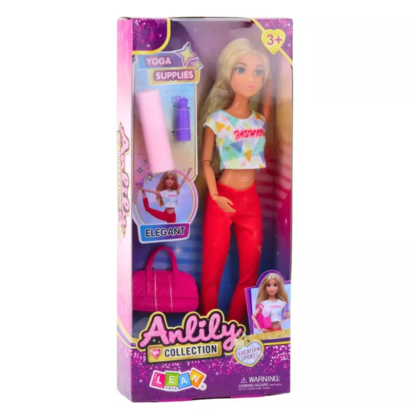 LEAN TOYS Anlily Jogas lelle ar vingrošanas paklājiņu, ūdens pudeli, sporta somu, kustīgām ekstremitātēm, 29 cm, blondiem matiem, zilām acīm, sportiskā tērpā, bērniem no 3 gadiem