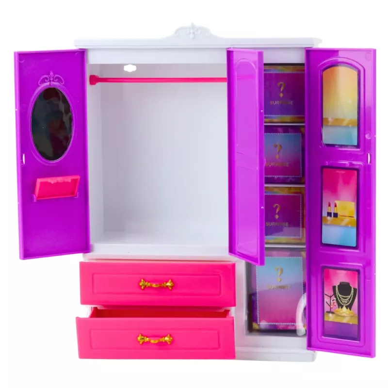 LEAN TOYS Anlily Doll Wardrobe With Shelves Drawers Dressing Room Accessories 24 pcs