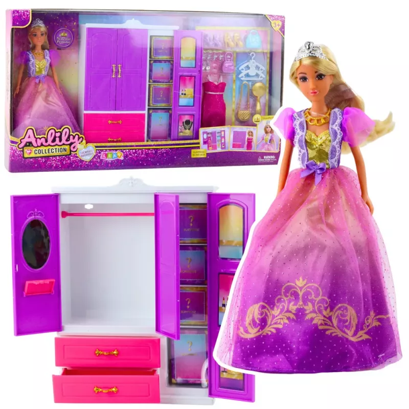 LEAN TOYS Anlily Doll Wardrobe With Shelves Drawers Dressing Room Accessories 24 pcs
