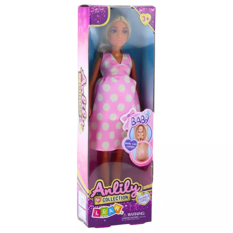 LEAN TOYS Anlily Grūtnieces lelle gaiši rozā punktotā kleitā ar gariem matiem