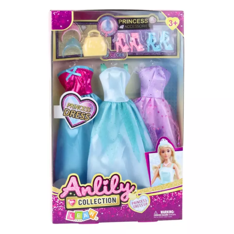 LEAN TOYS Anlily Leļļu kleitu komplekts ar apaviem, rokassomu, kroņiem un aksesuāriem, 9 gab.