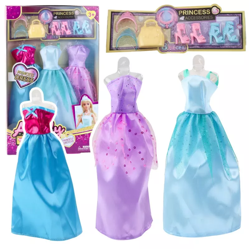 LEAN TOYS Anlily Leļļu kleitu komplekts ar apaviem, rokassomu, kroņiem un aksesuāriem, 9 gab.