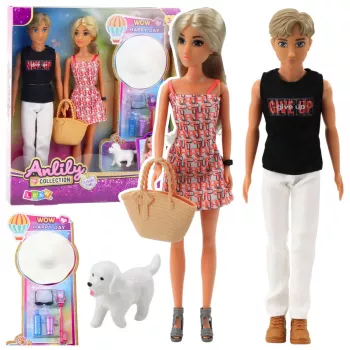 LEAN TOYS Anlily Leļļu komplekts: Meitene ar zēnu, cepuri un suņa aksesuāriem