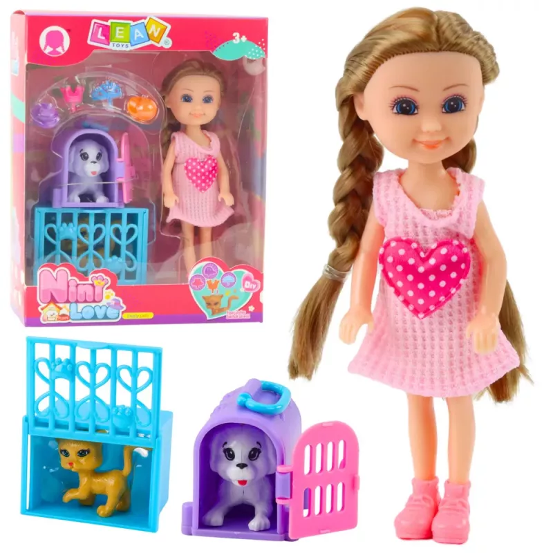 LEAN TOYS Mini lelle ar aksesuāriem Kaķa ratiņi Rozā leļļu komplekts