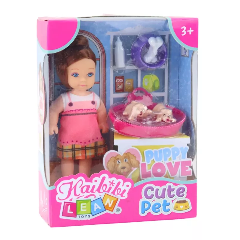 LEAN TOYS Mini leļļu komplekts ar diviem kucēniem, gultu, bļodu, pudelīti