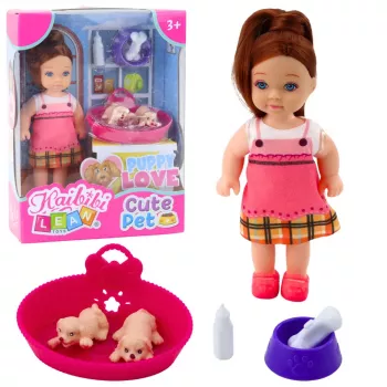 LEAN TOYS Mini leļļu komplekts ar diviem kucēniem, gultu, bļodu, pudelīti
