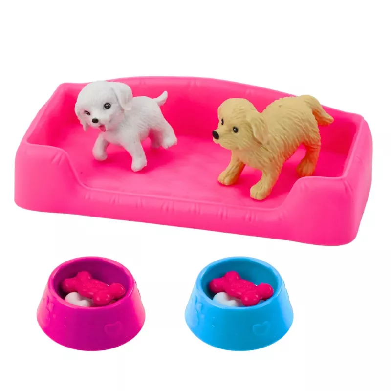 LEAN TOYS Mini leļļu komplekts ar diviem suņiem, gultu, barības bļodu