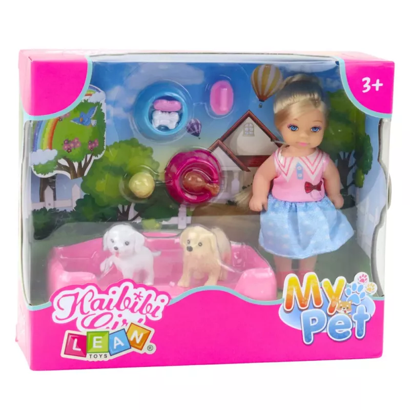 LEAN TOYS Mini leļļu komplekts ar diviem suņiem, gultu, barības bļodu