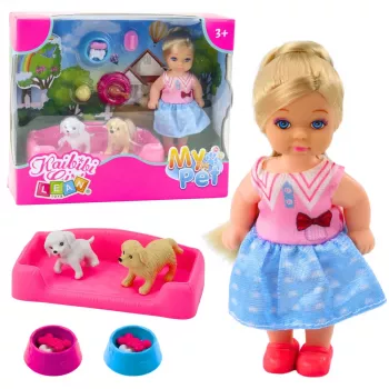 LEAN TOYS Mini leļļu komplekts ar diviem suņiem, gultu, barības bļodu