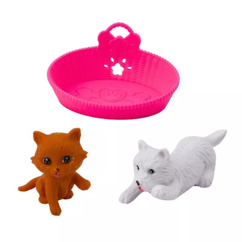 LEAN TOYS Mini leļļu komplekts ar suņa un kaķēna gultu un barības bļodu