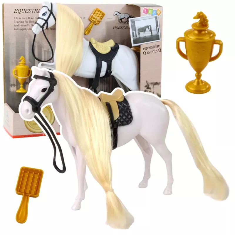 LEAN TOYS Zirgs ar garām krēpēm Seglu Krūzes Birstes Piederumi Balts