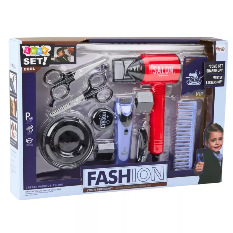 LEAN TOYS Zēnu friziera komplekts ar matu žāvētāju, ķemmēm un aksesuāriem