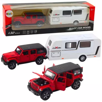 LEAN TOYS Bezceļu auto un kempera komplekts Metāls Gaismas Skaņas Sarkans 1:32