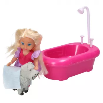 LEAN TOYS Mini leļļu komplekts ar vannu un baltu suni rozā