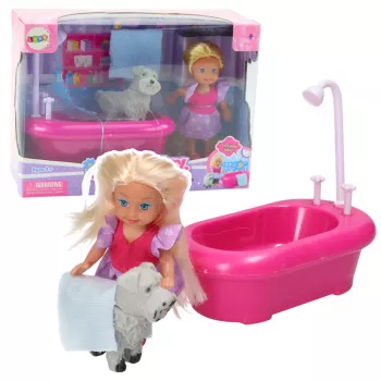 LEAN TOYS Mini leļļu komplekts ar vannu un baltu suni rozā