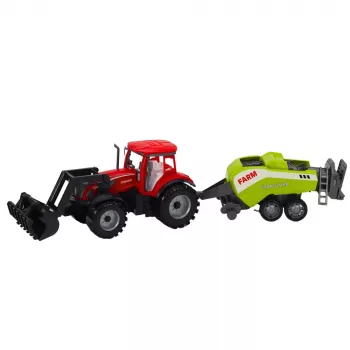 LEAN TOYS Traktora komplekts ar iekrāvēju un lauksaimniecības presi sarkanā krāsā