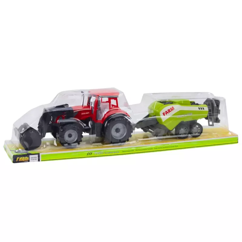 LEAN TOYS Traktora komplekts ar iekrāvēju un lauksaimniecības presi sarkanā krāsā
