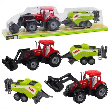 LEAN TOYS Traktora komplekts ar iekrāvēju un lauksaimniecības presi sarkanā krāsā