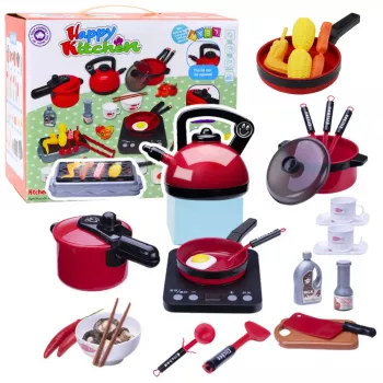 LEAN TOYS Virtuvītes komplekts ar podiem, pārtiku, bateriju darbināmu plīti un aksesuāriem, 36 gab.