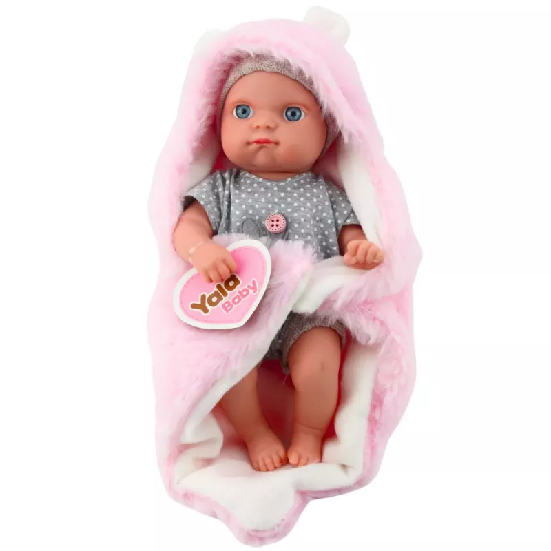 LEAN TOYS Bērnu lelle pelēkā pidžamā ar rozā zaķa segu, 23 cm