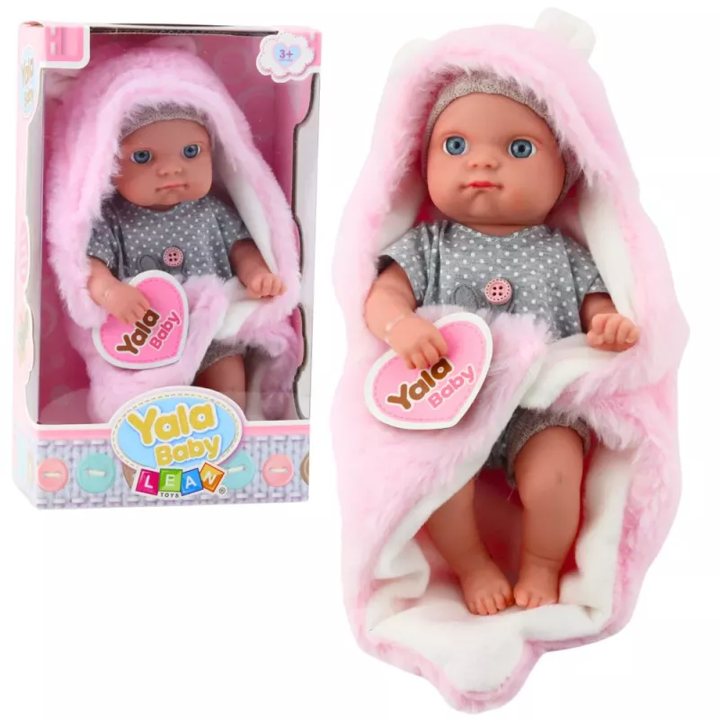 LEAN TOYS Bērnu lelle pelēkā pidžamā ar rozā zaķa segu, 23 cm