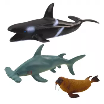 LEAN TOYS Jūras dzīvnieku figūriņu komplekts: Haizivs, Āmurzivs, Zobenvalis, Jūras zirdziņš, Omārs, Bruņurupucis, 6 gab.