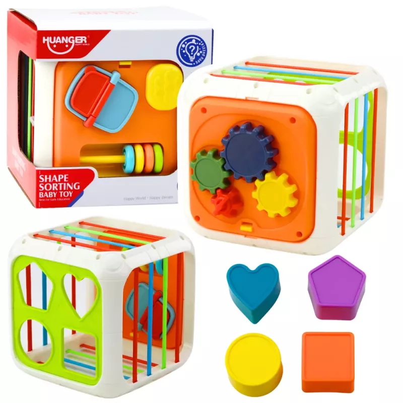 LEAN TOYS Sensory Cube Educational Shape Sorter for Children, Flexible Elastic Bands, 6 Shapes, Multi-Colored