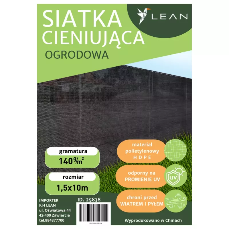 LEAN Ēnošanas tīkls žogam, maskēšanas tīkls, zaļš 1.5M 10M 140g/m²