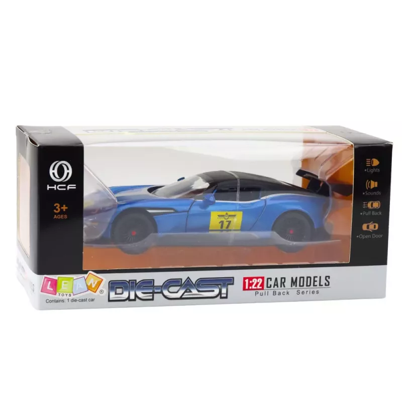 LEAN TOYS Metāla sporta auto ar gaismām un skaņām, zils, 1:22