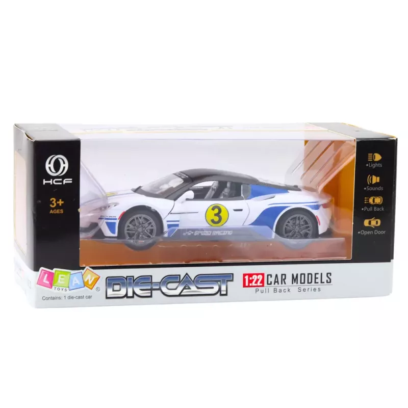 LEAN TOYS Metāla sporta auto ar gaismām un skaņām, balts, 1:22