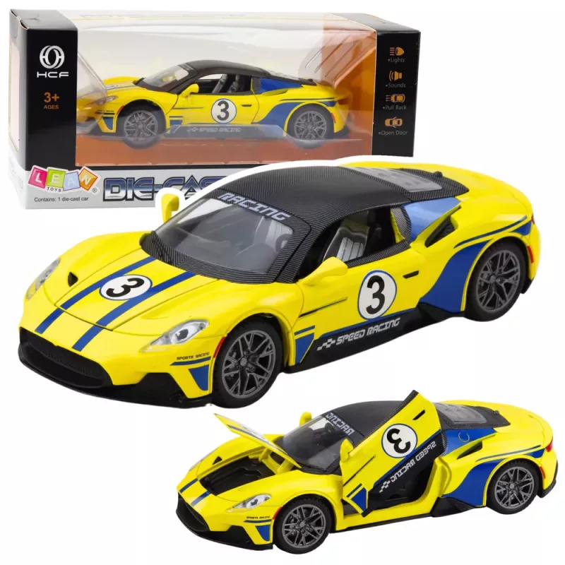 LEAN TOYS Metāla sporta auto ar gaismām un skaņām, dzeltens, 1:22