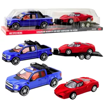 LEAN TOYS Bezceļu transportlīdzeklis ar evakuatoru un sporta auto komplekts